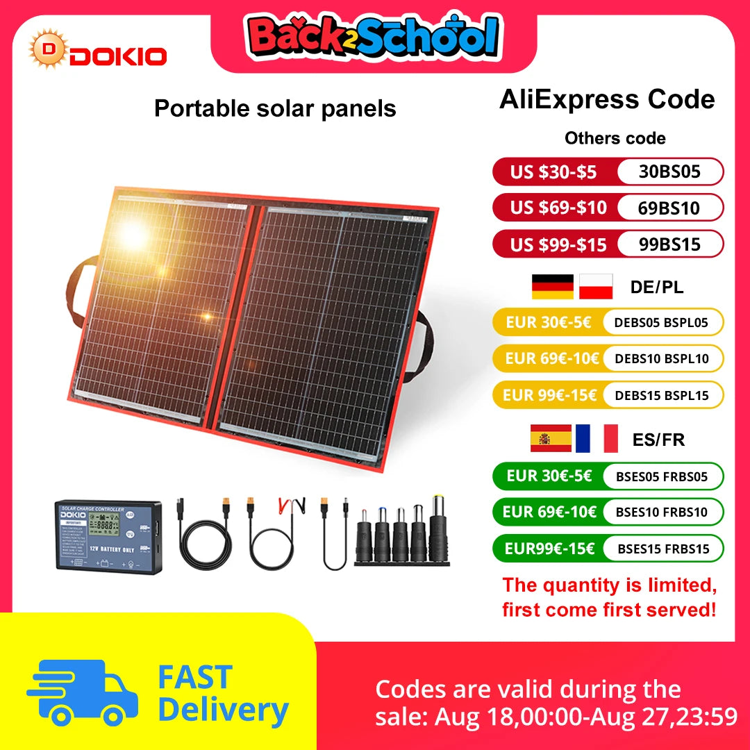 Dokio 18V 100/160/200/300 W Portable Foldable Solar Panel with 12V Controller to Charge Battery suitable for Camp