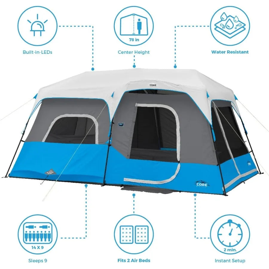 Instant Cabin Tents with LED Lights 6 Person 9 Person 12 Person Family Multi Room Lighted Pop Up Tents for Camping Included Sto