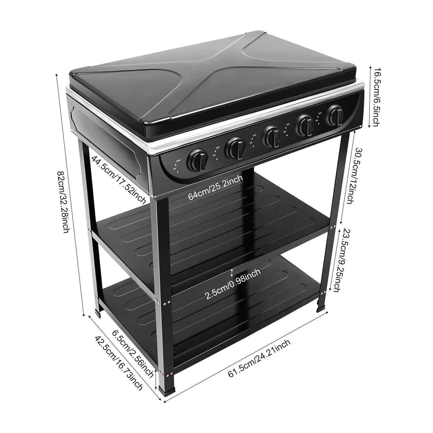 5-Burner Gas Stove Outdoor Camping Cooking BBQ Grill With 2-Tier Storage Rack