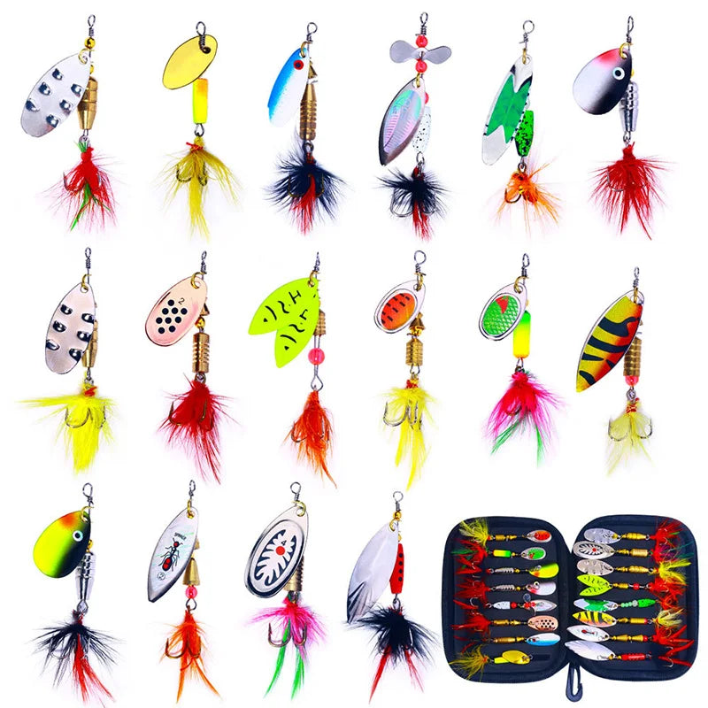 16PCS Fake Bait Spinner Lures for Bass Trout Salmon Hard Metal Spinner Baits Kit With Tackle