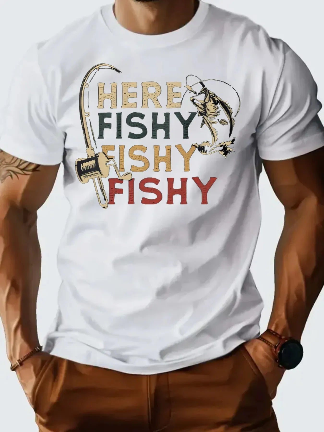 T Shirt  100% Cotton Summer Vintage fishing pattern Casual Slim Fit Round Neck Short Sleeved T-shirt Top