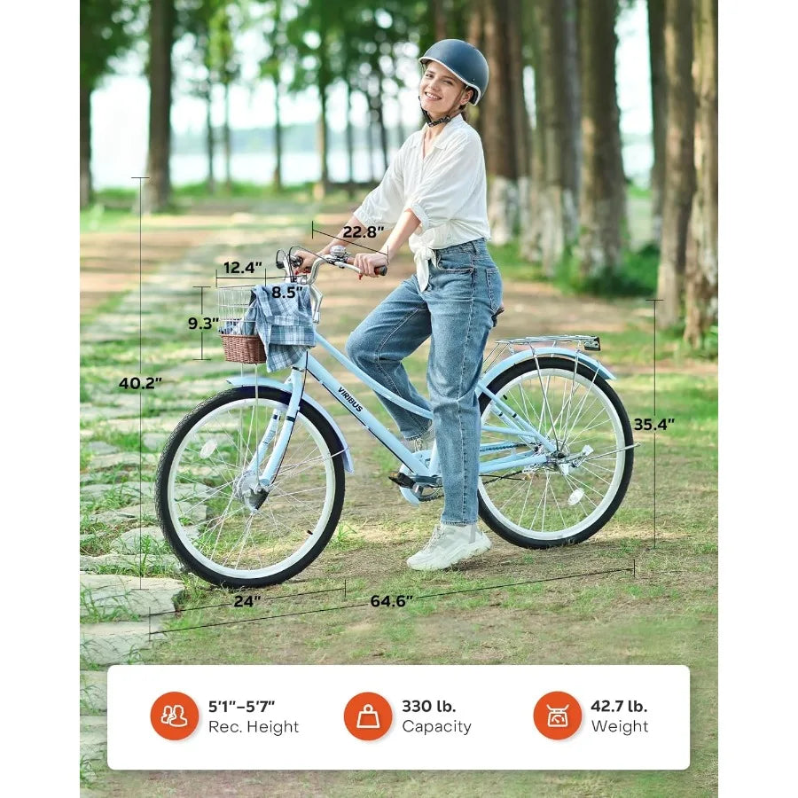 Beach Cruiser Bike for Women Step Through Bike with  Basket Rack Lock 24 26 inch 1 Speed