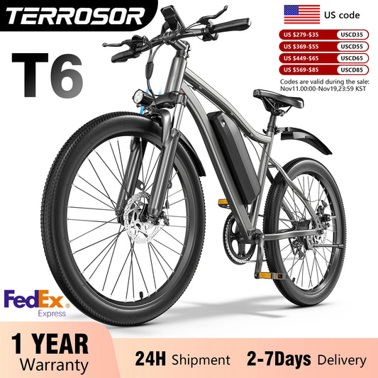 【1 Year Warranty】Terrosor Electric Bike,26" Fat Tire Ebike for Adults,350W Peak,Electric Mountain Bike,19.9mph,E bike UL2849