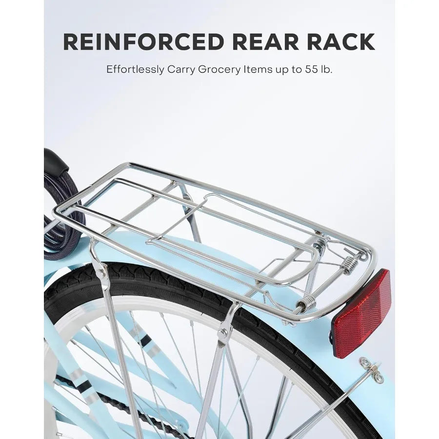 Beach Cruiser Bike for Women Step Through Bike with  Basket Rack Lock 24 26 inch 1 Speed