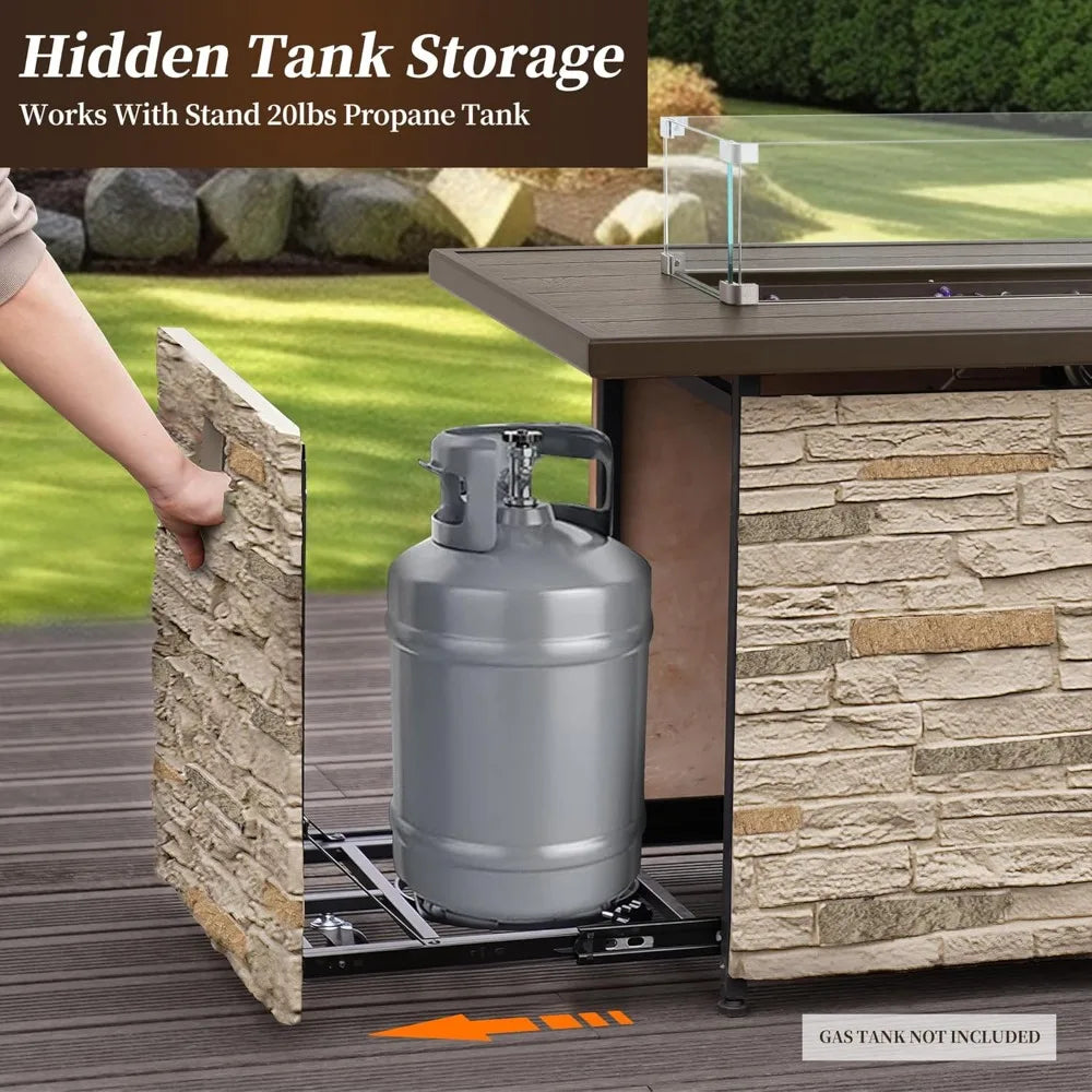 43" Propane Fire Pit Table Outdoor Stone Firepit Table Rectangular 50000 BTU for Outside Patio with Wind Gua