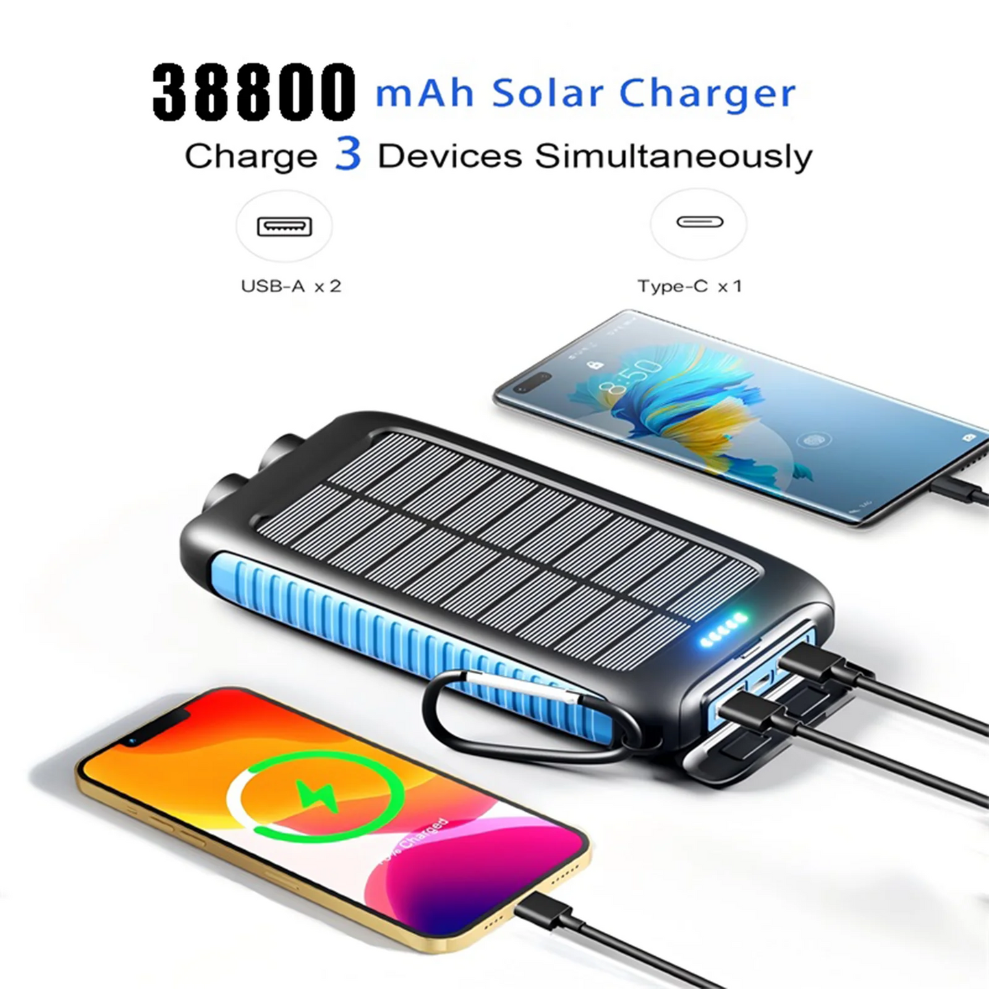 38800mAh Solar Power Bank Portable Charger with Dual USB, Fast Charging, Waterproof, LED for Outdoor Camping Phones Tablets