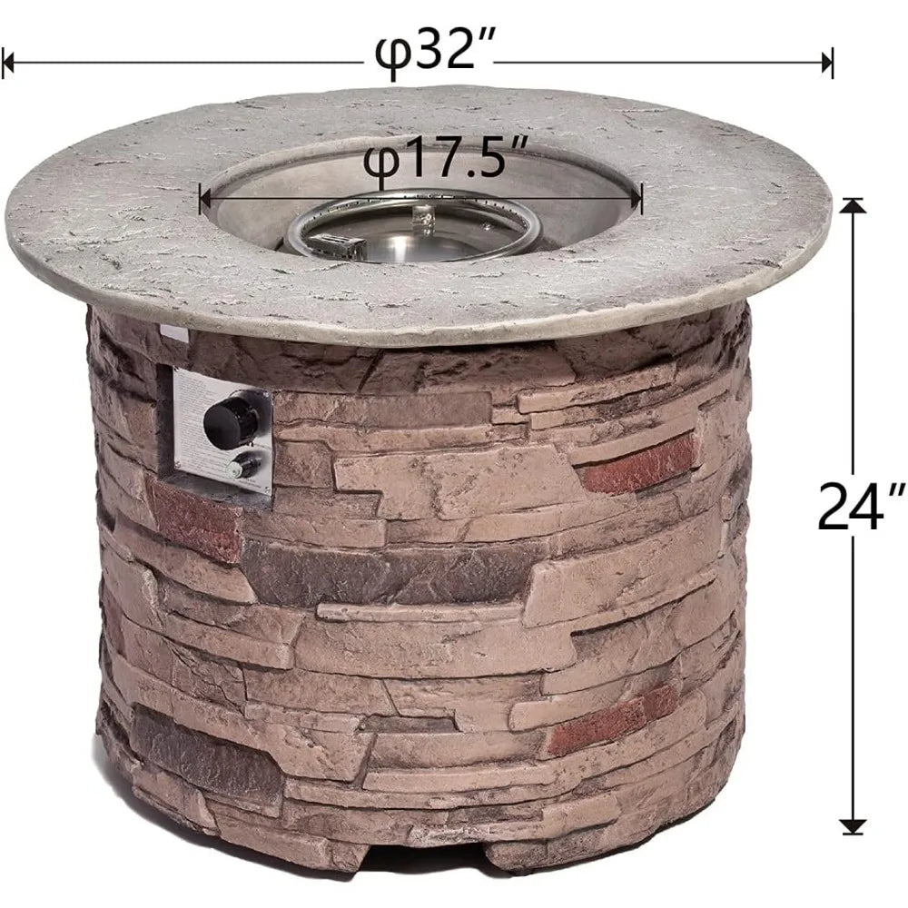 Outdoor Propane Concrete Fire Pit Table w Imitation Stone Surface 32-inch Round Fire Table, CSA Certified, 40,000 BTU Stainless