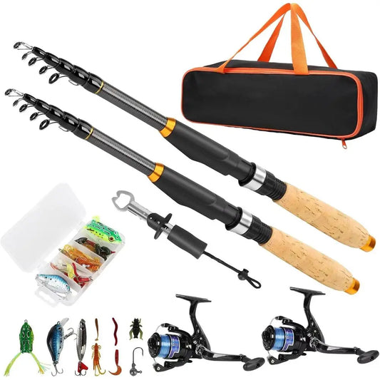 2-Piece Telescopic Fishing Pole Combo with Spinning Reel, Lures, Lip Gripper, and Tackle Bag - Ideal for Saltwater and Freshwater