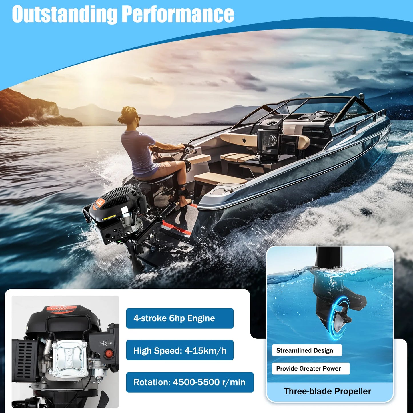 HANGKAI 4 Stroke 6HP Boat Engine 140CC Heavy Duty Outboard Motor With Air Cooling System Short Shaft Inflatable Fishing Boat