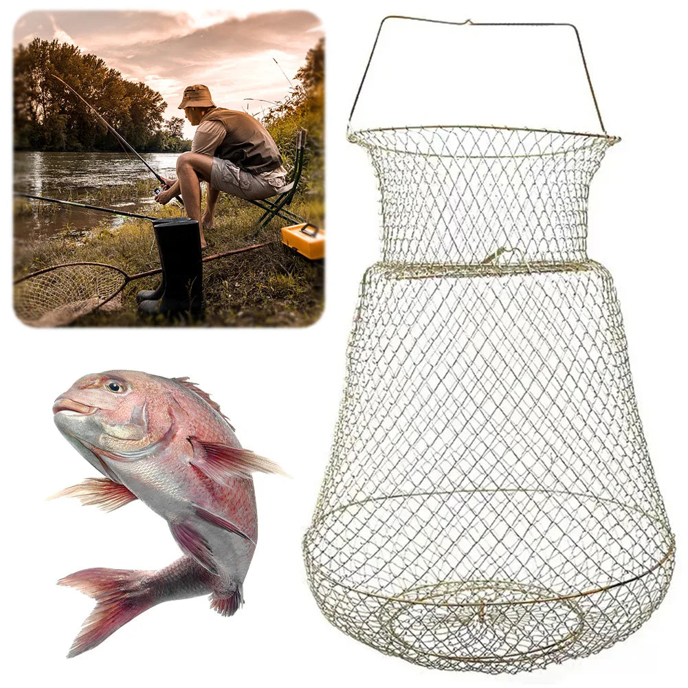 Steel Wire Fish Basket Foldable  Mesh Fish Trap for Outdoor Fishing