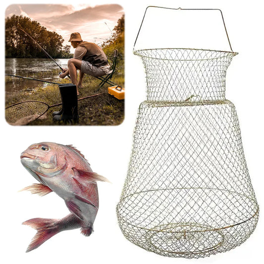 Steel Wire Fish Basket Foldable  Mesh Fish Trap for Outdoor Fishing