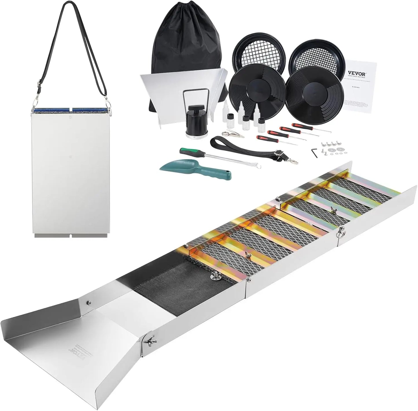 Complete Sluice Box Gold Panning Kit,50" Folding Aluminum Gold Mining Equipment, 23 PCS Gold Prospecting Kit