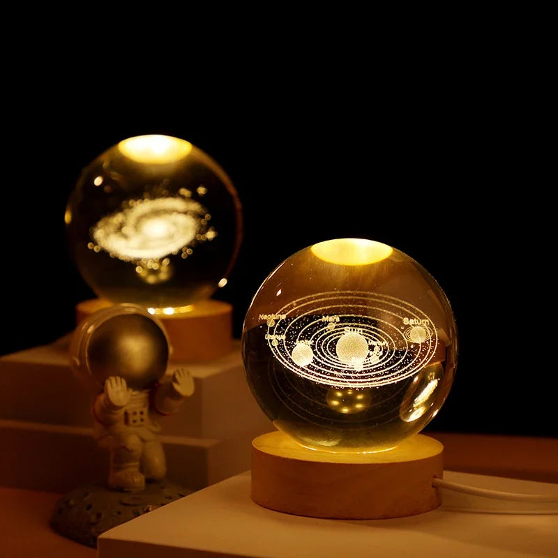 6/8cm 3D Crystal Ball Planet Night Light Laser Engraved Solar System Globe Astronomy Festival Gifts Home Desktop Decoration