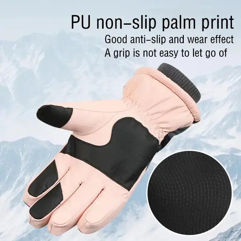 Winter Unisex Snowboard Ski Gloves PU Leather Non-slip Touch Screen Waterproof Motorcycle Cycling Fleece Warm Snow Gloves