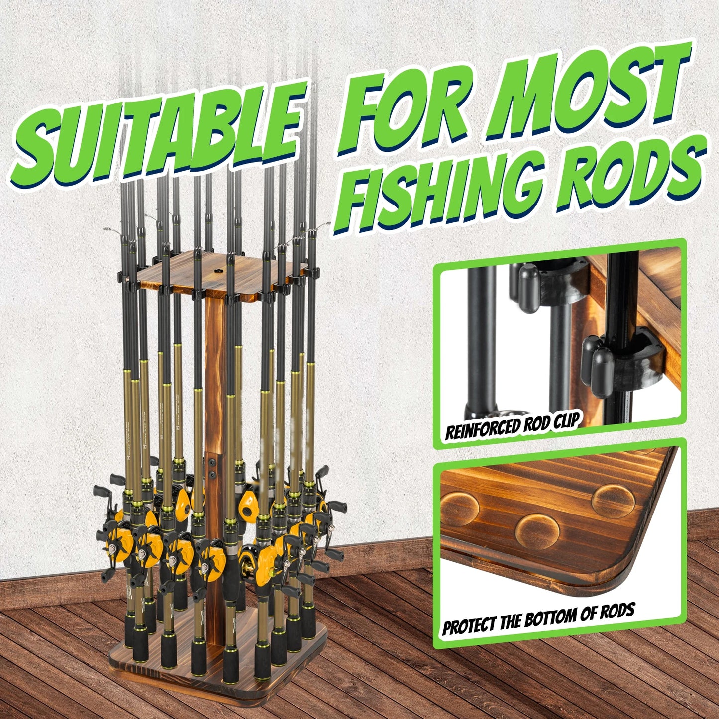 Fishing Rod Holder Rotating Wooden Rod Pole Rack New Style Holds up to 16 rods Fishing