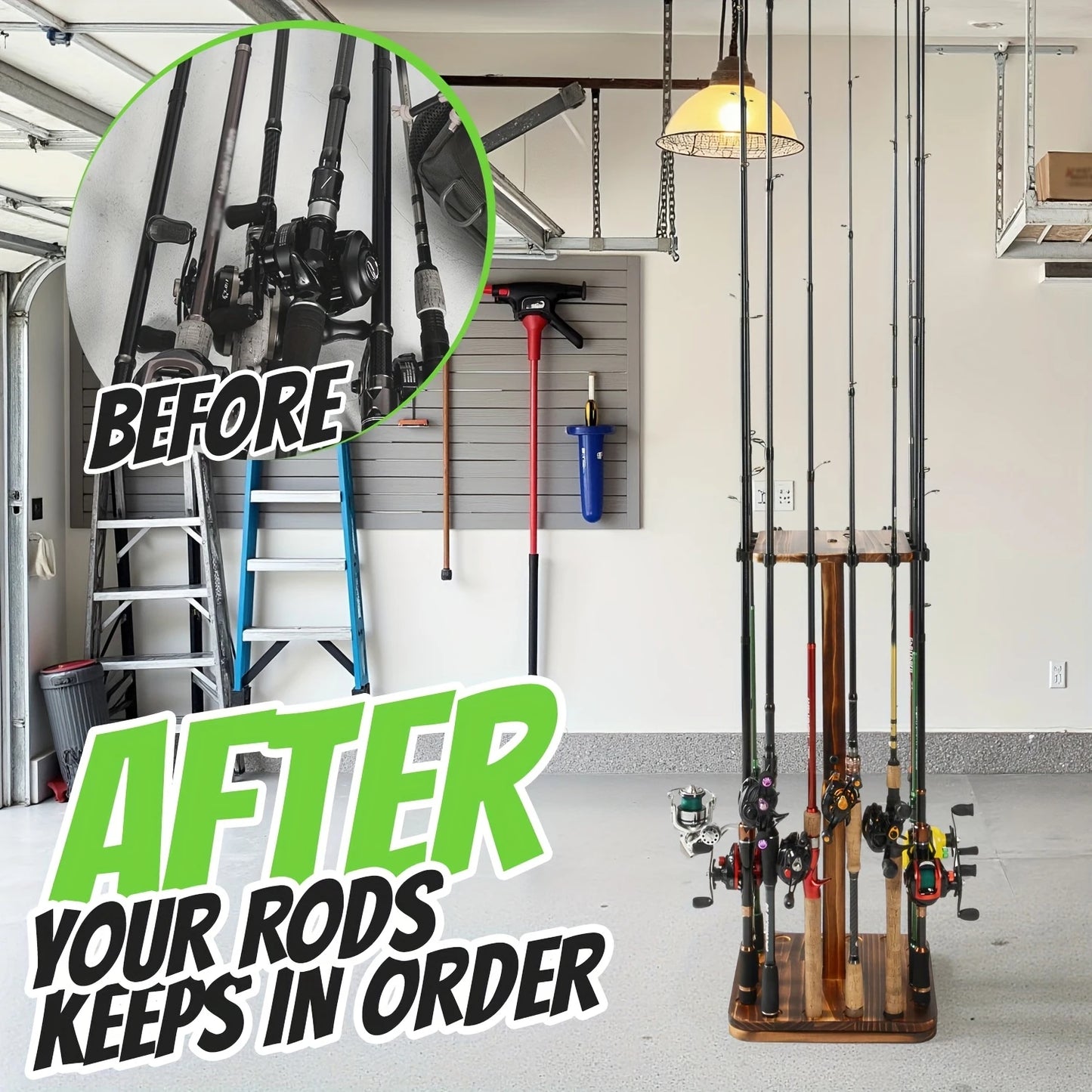 Fishing Rod Holder Rotating Wooden Rod Pole Rack New Style Holds up to 16 rods Fishing