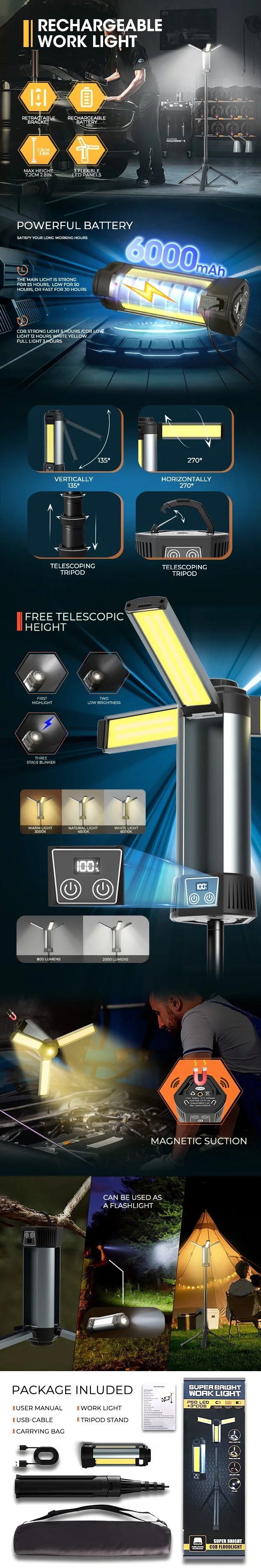 6000mAh LED Outdoors Work Light with Stand Cordless  with COB DimmableTelescopic for Outdoor Campinglight