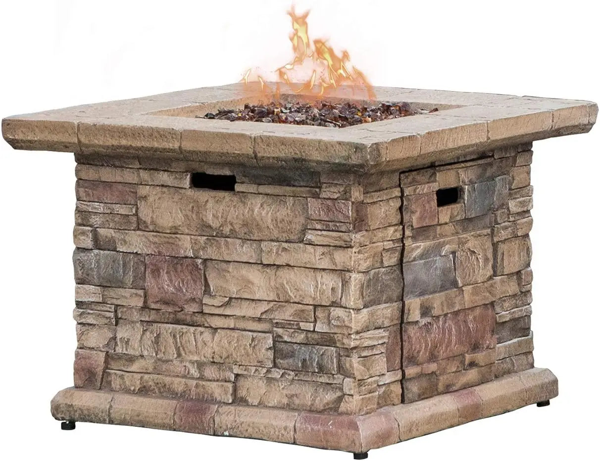 Outdoor Propane Concrete Fire Pit Table w Imitation Stone Surface 32-inch Round Fire Table, CSA Certified, 40,000 BTU Stainless