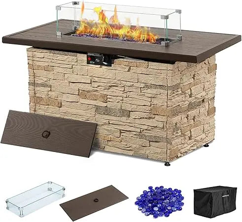 43" Propane Fire Pit Table Outdoor Stone Firepit Table Rectangular 50000 BTU for Outside Patio with Wind Gua