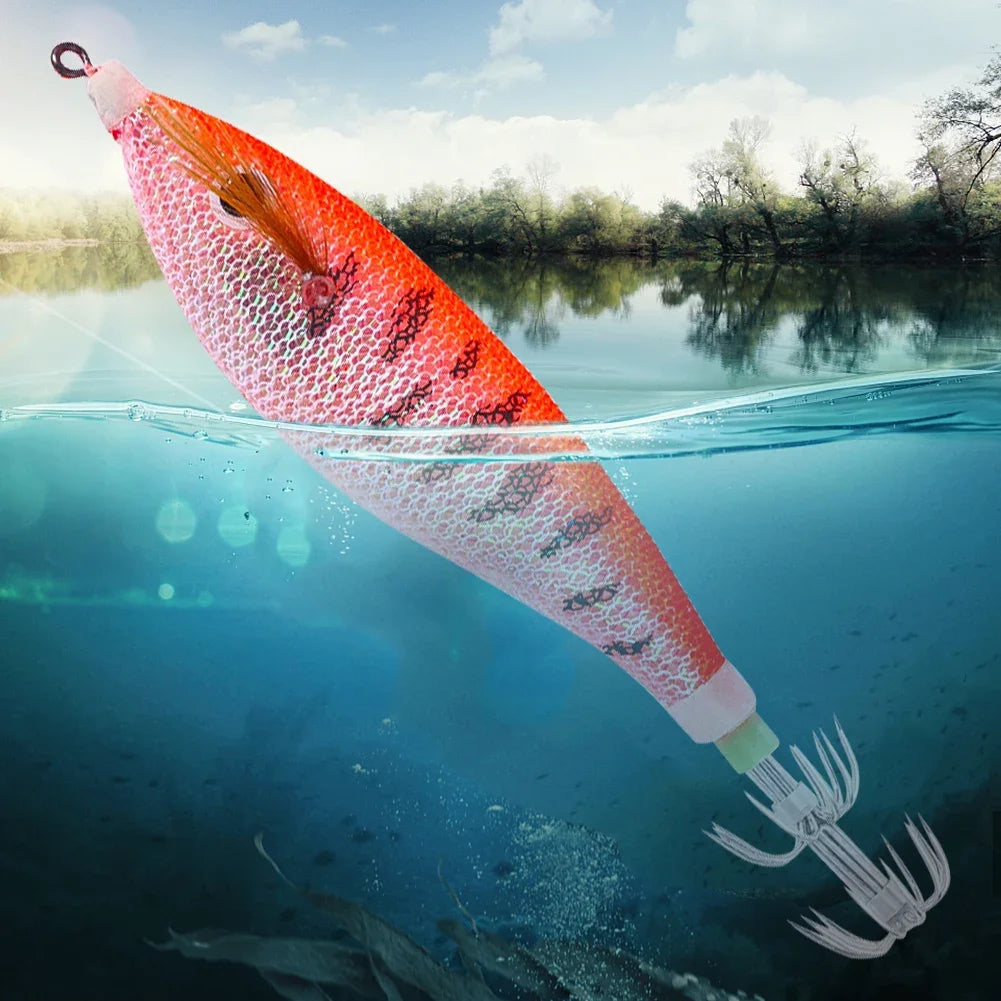 Glowing Horizontal Squid Trolling Lure Jigging  Wood Shrimp Hooks Octopus Bait