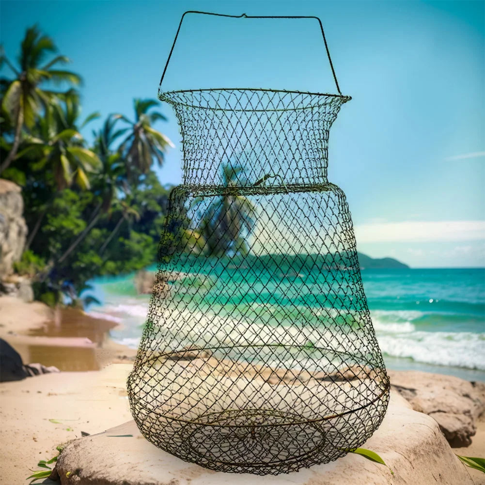 Steel Wire Fish Basket Foldable  Mesh Fish Trap for Outdoor Fishing