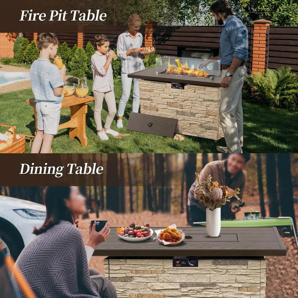 43" Propane Fire Pit Table Outdoor Stone Firepit Table Rectangular 50000 BTU for Outside Patio with Wind Gua