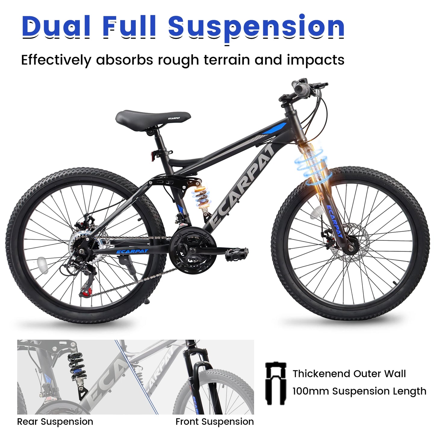 Ecarpat Dual Full Suspension Mountain Bike 24/26/27.5 Inch, Mens Women Teenagers Boy Girl Mountain Bike, 21-Speed Disc Bicycles