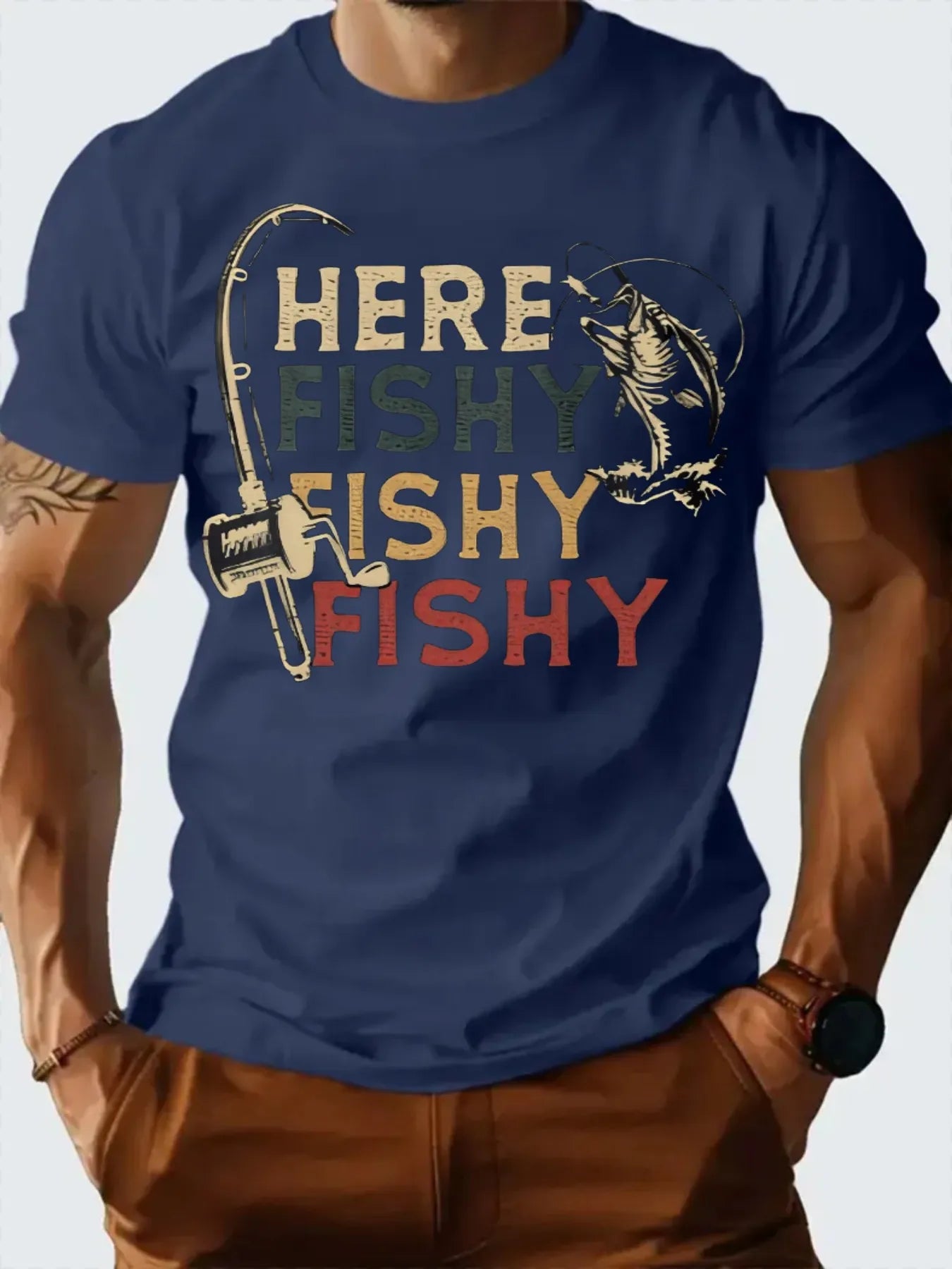 T Shirt  100% Cotton Summer Vintage fishing pattern Casual Slim Fit Round Neck Short Sleeved T-shirt Top