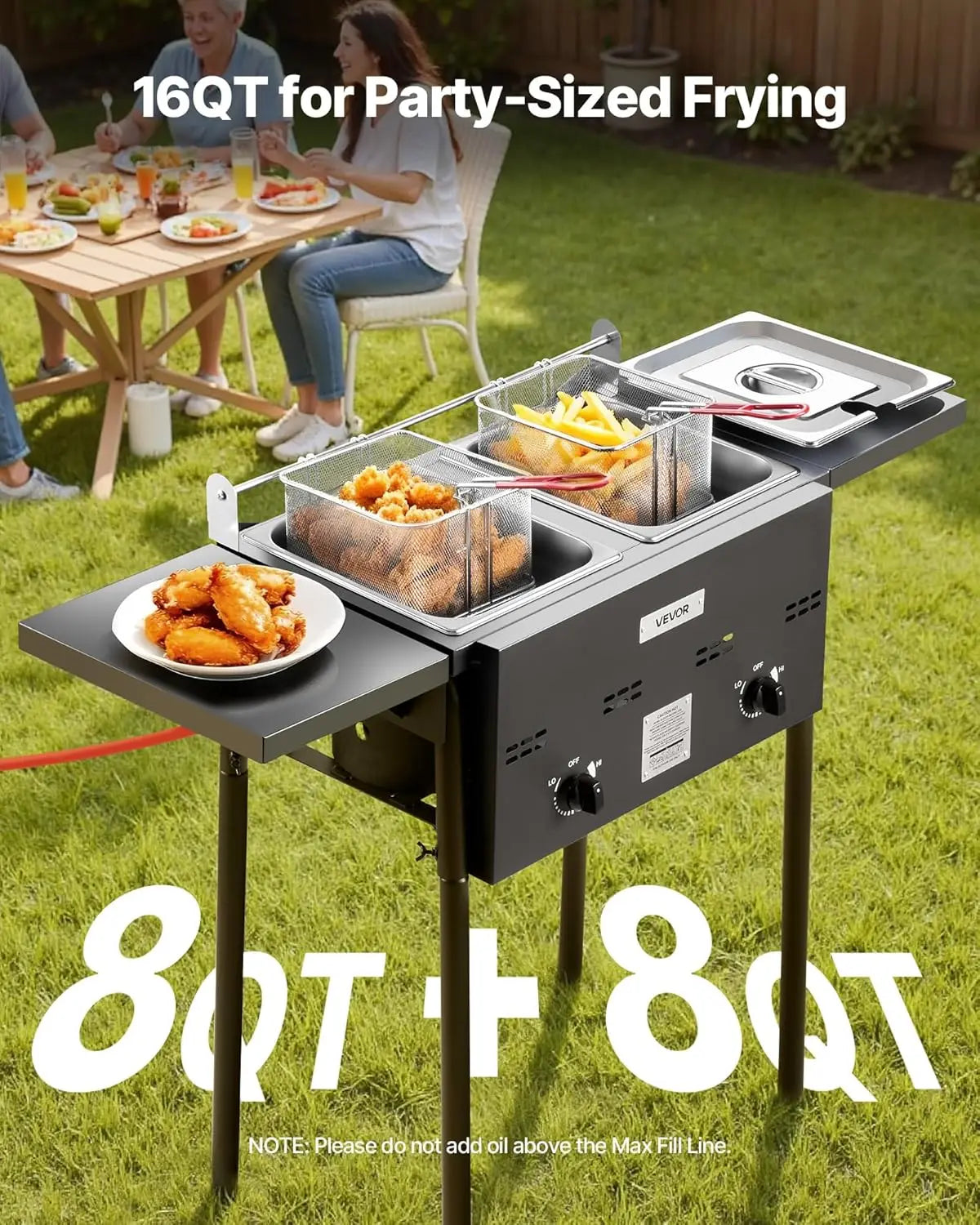 Outdoor Propane Deep Fryer, Dual-Tank 8QTx2 Commercial Fryer, Stainless Steel Cooker with Foldable Platform, Dual Basket