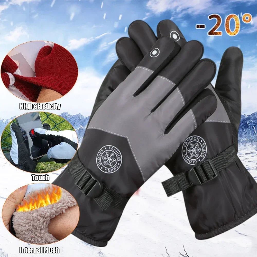Winter Unisex Snowboard Ski Gloves PU Leather Non-slip Touch Screen Waterproof Motorcycle Cycling Fleece Warm Snow Gloves