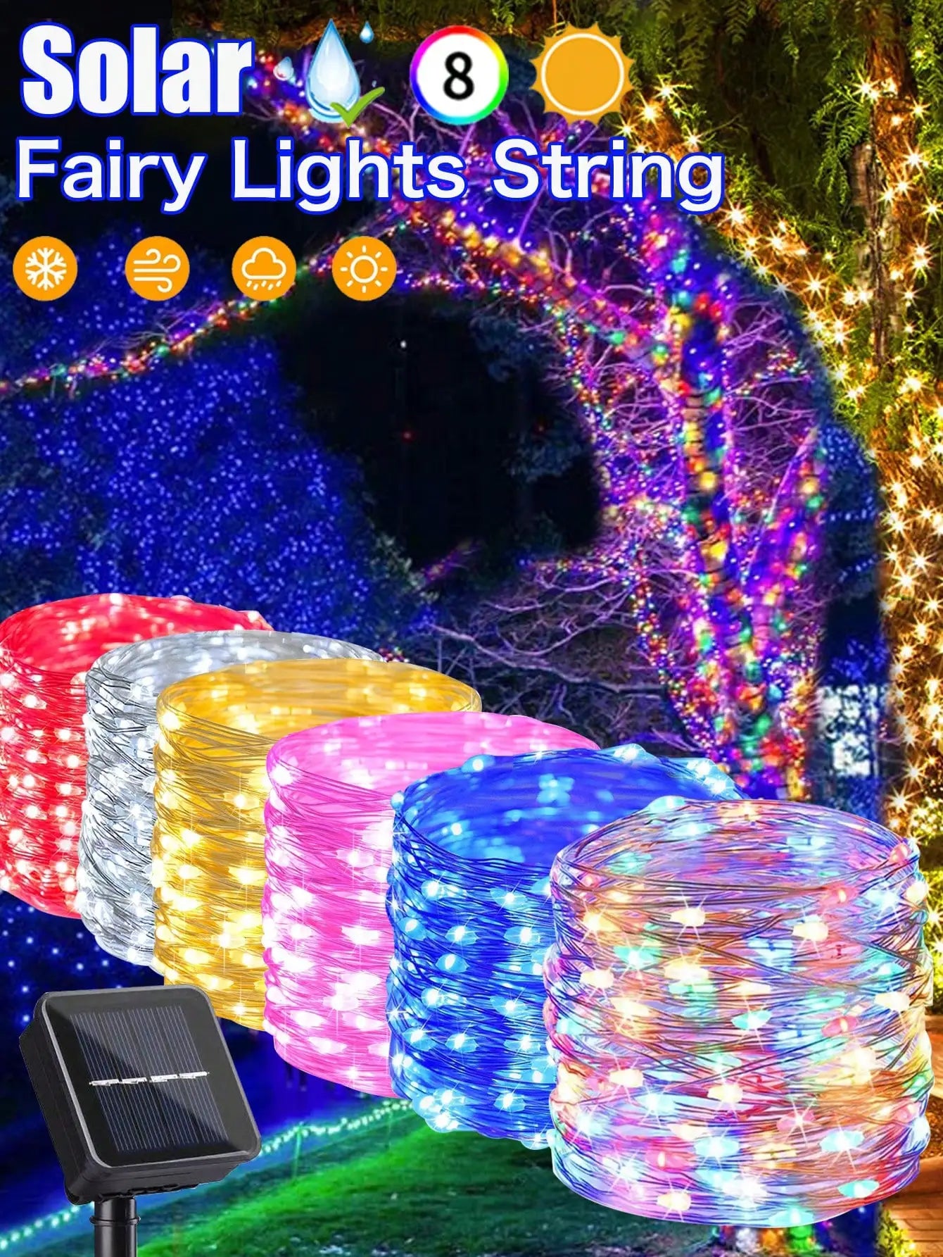 4Pcs 160ft Solar String Lights - 400Pcs Led Outdoor Fairy Lights, 8 Modes, Waterproof for Garden, Terrace, Tree Decoration - Great for , Weddings and Party (Warm Light) Ip44