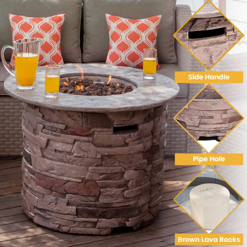 Outdoor Propane Concrete Fire Pit Table w Imitation Stone Surface 32-inch Round Fire Table, CSA Certified, 40,000 BTU Stainless