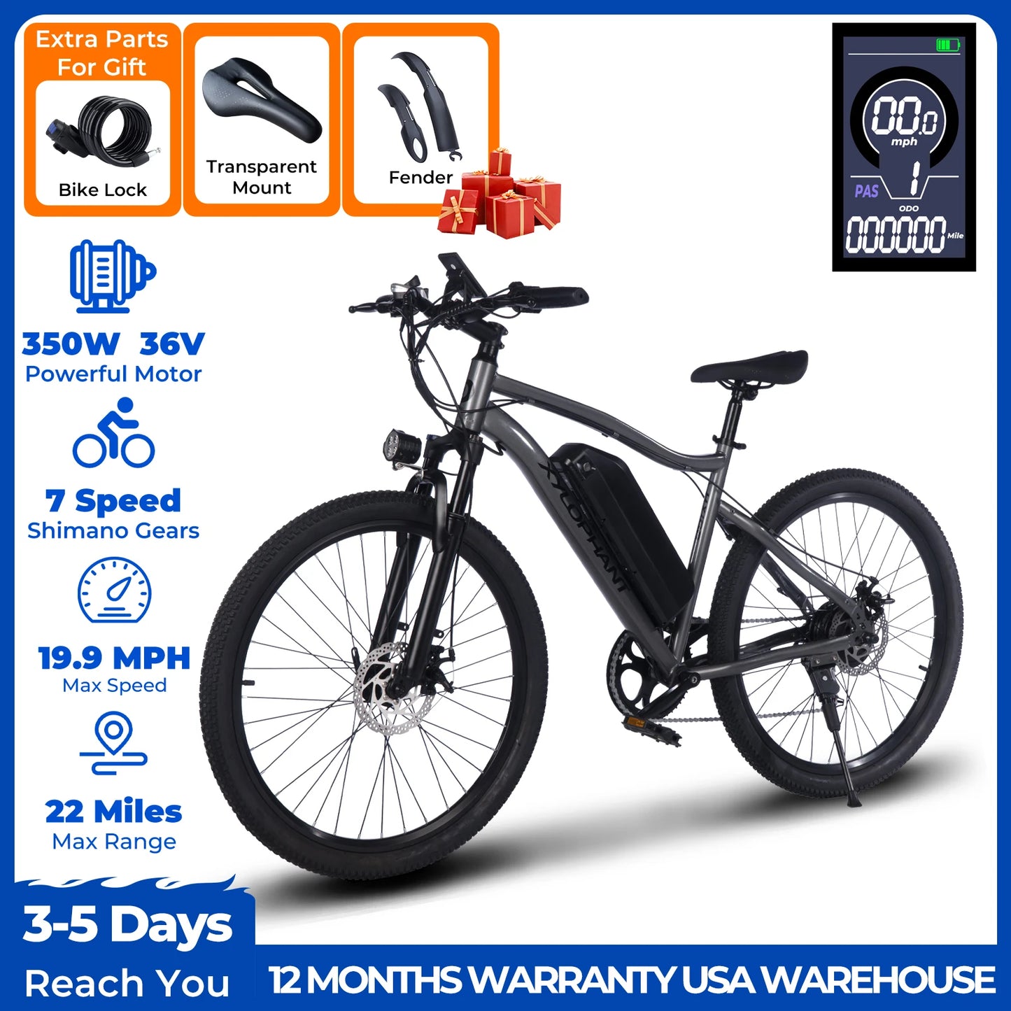 【1 Year Warranty】Terrosor Electric Bike,26" Fat Tire Ebike for Adults,350W Peak,Electric Mountain Bike,19.9mph,E bike UL2849
