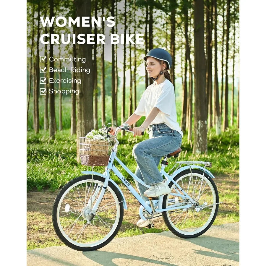 Beach Cruiser Bike for Women Step Through Bike with  Basket Rack Lock 24 26 inch 1 Speed