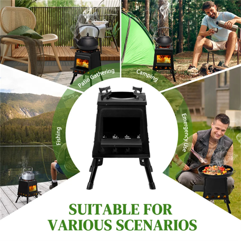 Portable Windproof Outdoor Fire Wood Heater with Burner Stove Bin for Camping Tent
