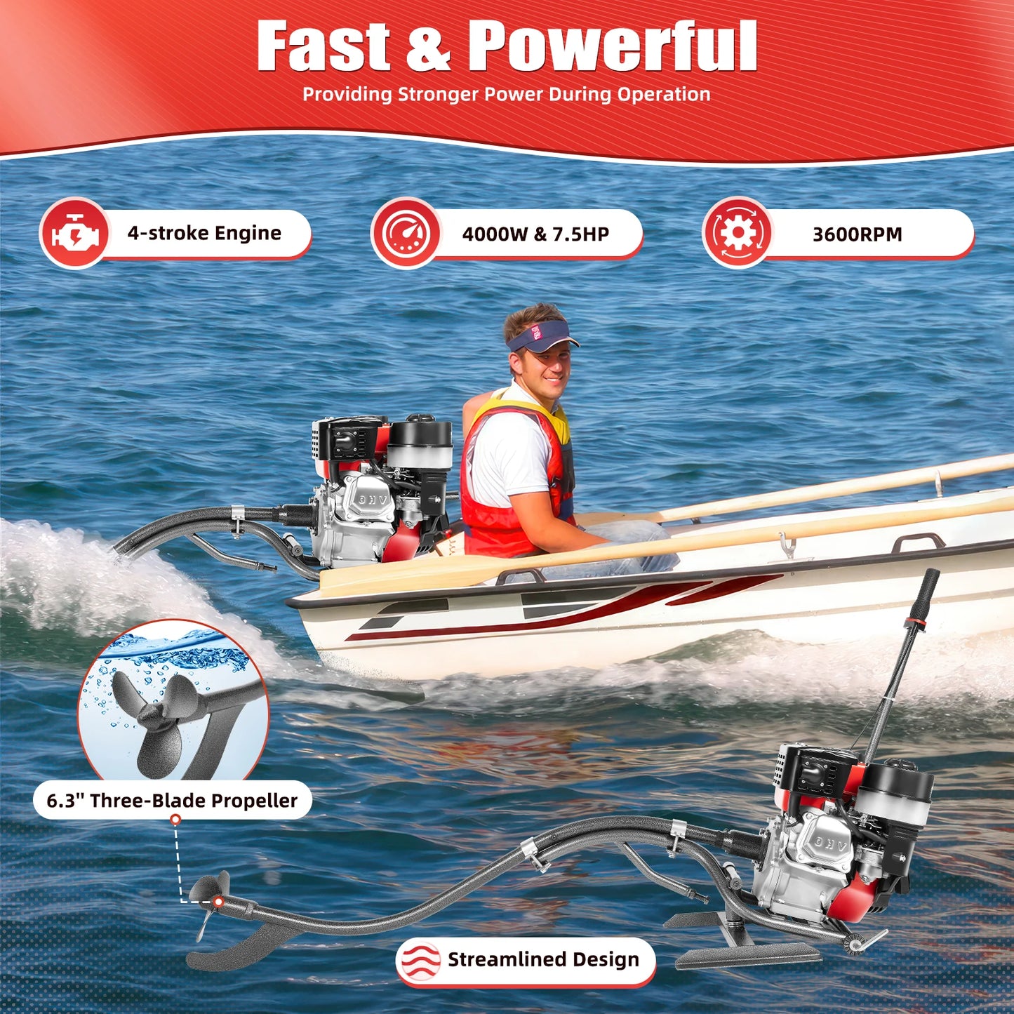 7.5HP 4 Stroke Outboard Motor, 212CC 4KW Heavy Duty Gasoline Fishing Boat Engine Manual Start TCI Air-Cooling System, 3600Rpm