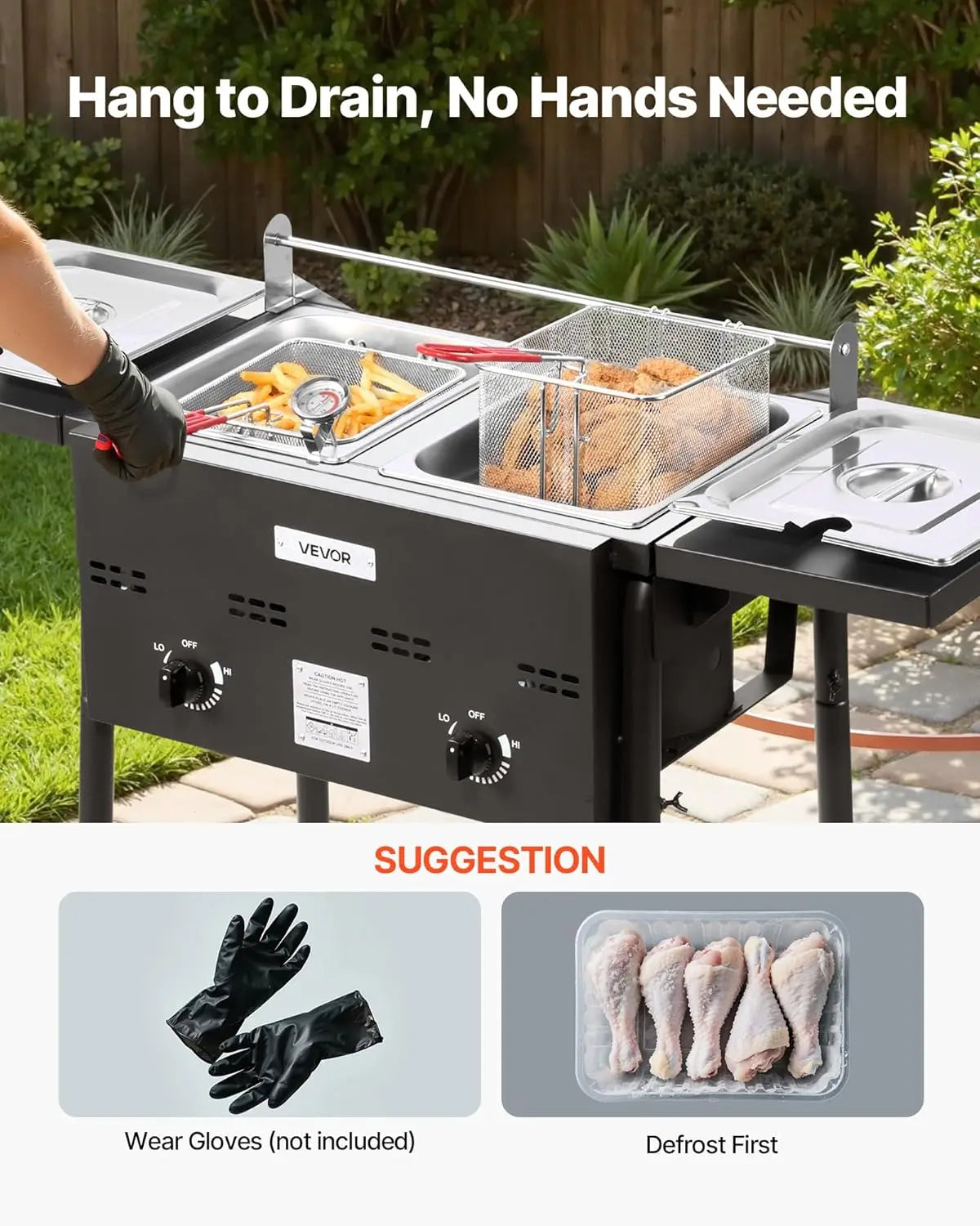 Outdoor Propane Deep Fryer, Dual-Tank 8QTx2 Commercial Fryer, Stainless Steel Cooker with Foldable Platform, Dual Basket