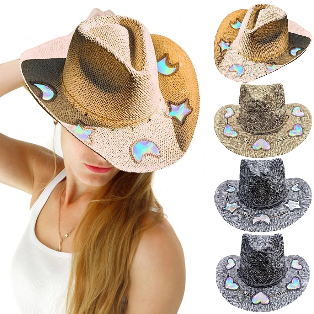 Straw Western Cowboy Hat 
Out Curled Wide Brim Sun Hat Fishing Hat Climbing Cap for Women Men