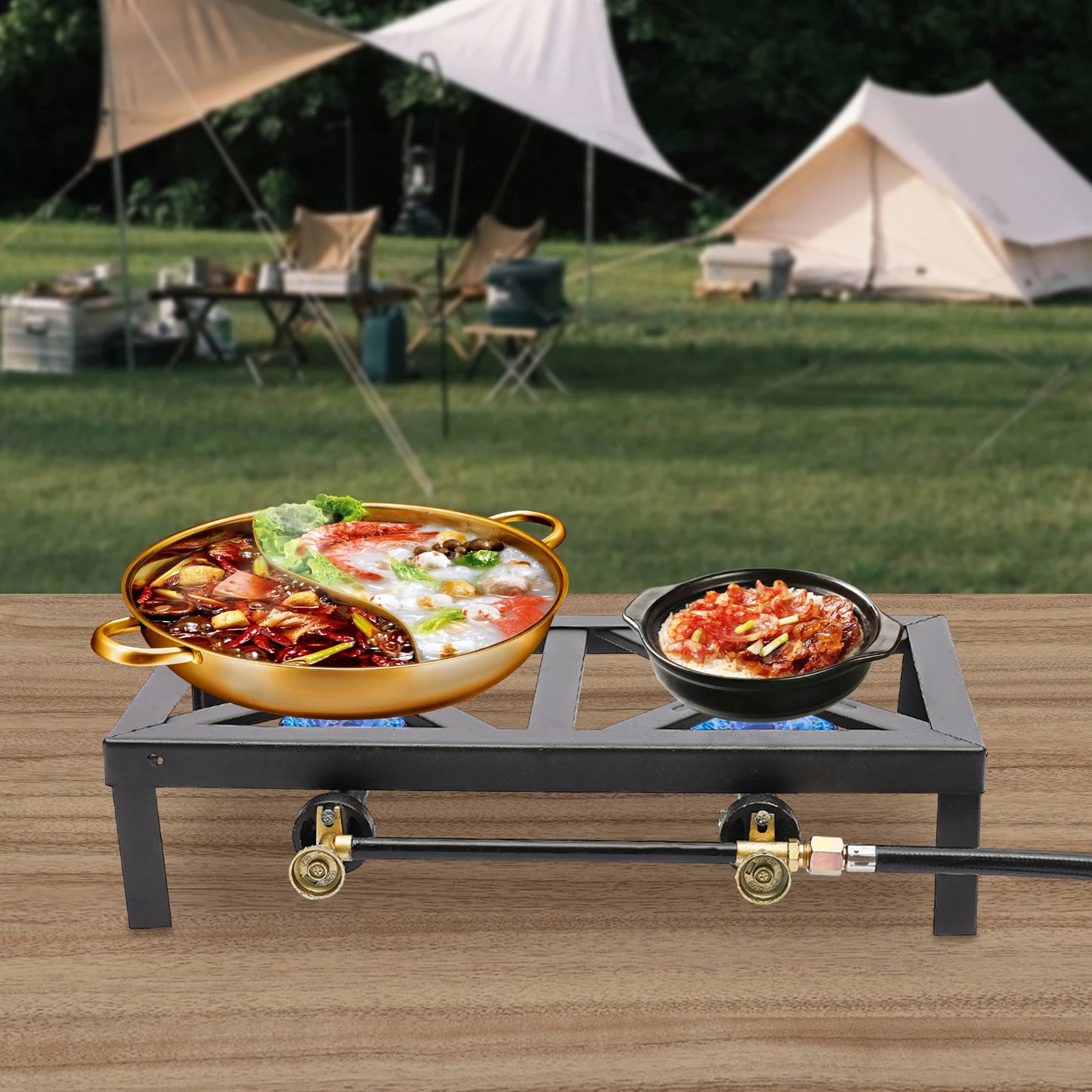 Portable Double Burner Outdoor Gas Stove Propane Cooker with Adjustable 0-10Psi Regulator Hose