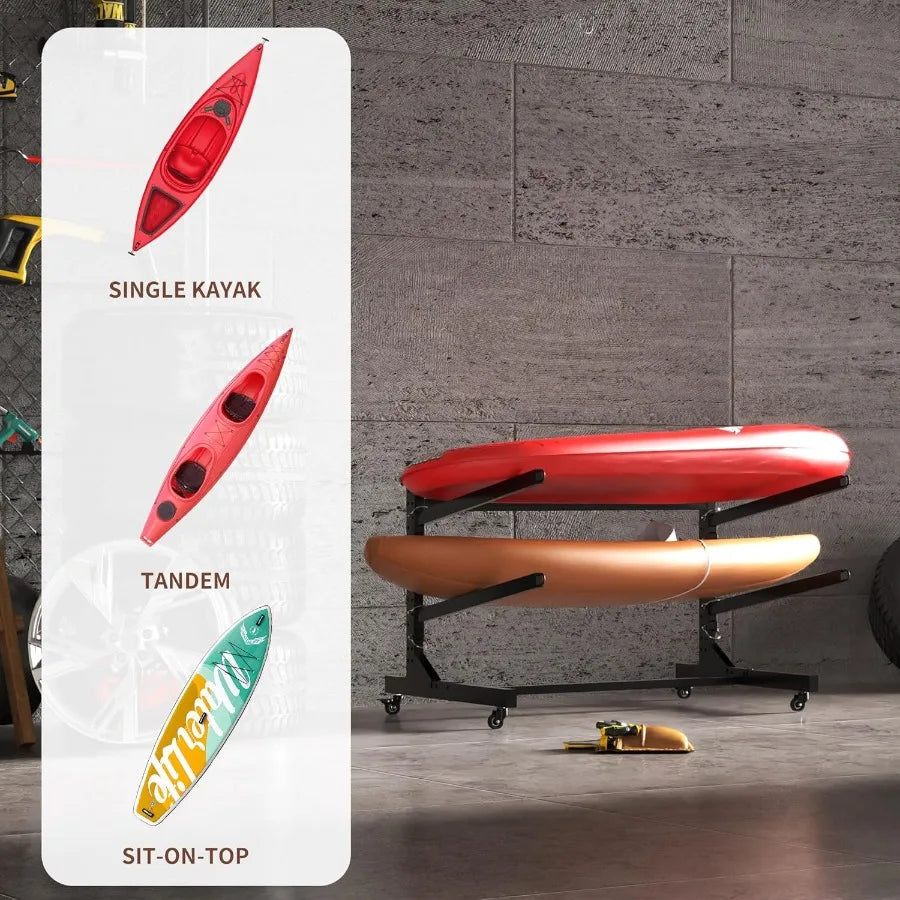 Heavy Duty Kayak Storage Rack with Wheels and Adjustable Feet