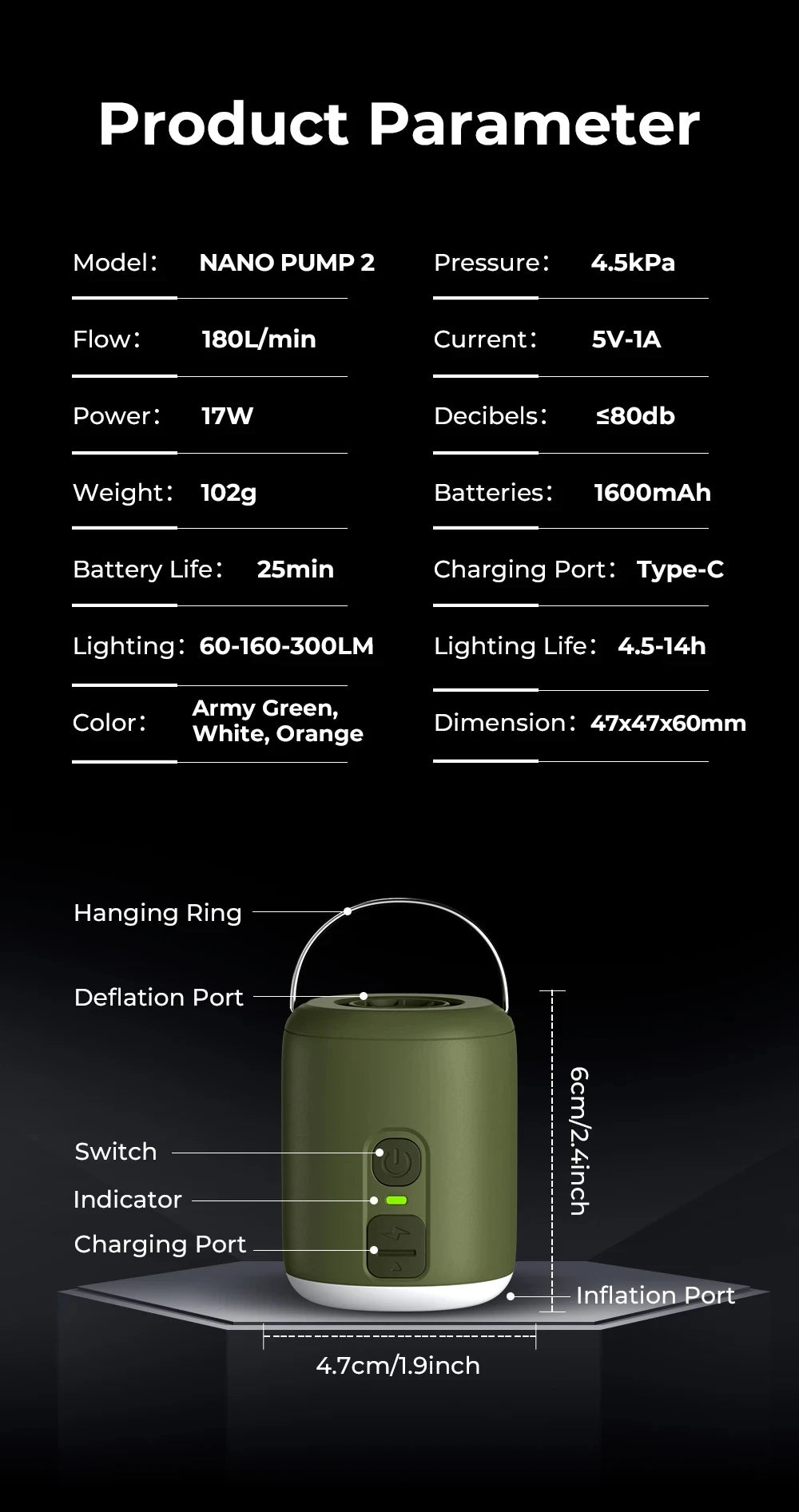 WESTTUNE Tiny Air Pump with Camping Lantern 4.5kPa Air Pump with Magnetic Design for Inflatable Air Mattress Sleeping Pads