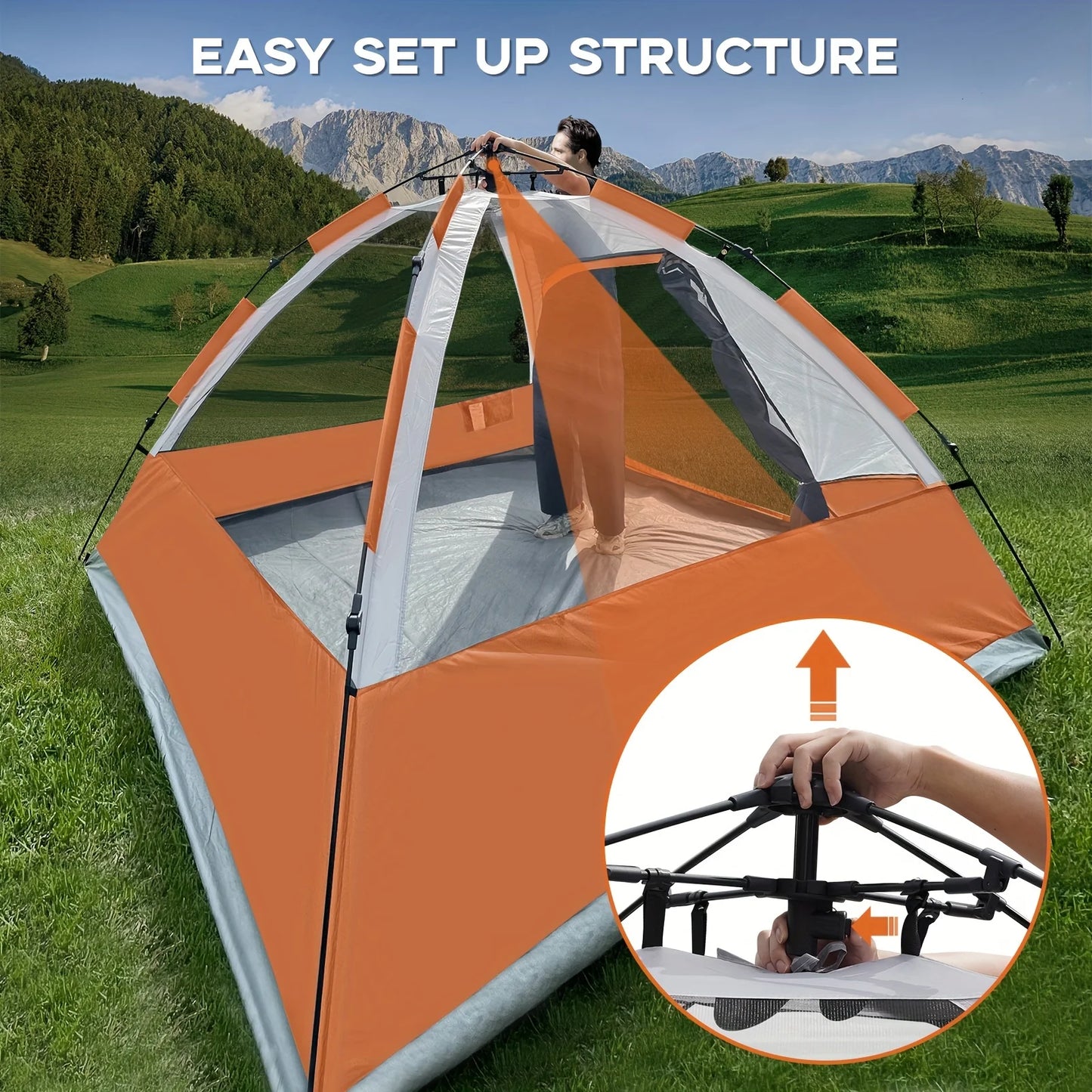 Pop Up Camping Tent - 4 Person  with Removable Rain Fly, Waterproof Windproof