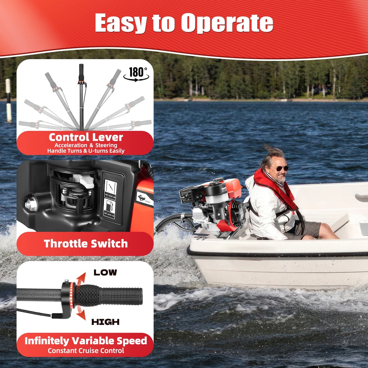 7.5HP 4 Stroke Outboard Motor, 212CC 4KW Heavy Duty Gasoline Fishing Boat Engine Manual Start TCI Air-Cooling System, 3600Rpm