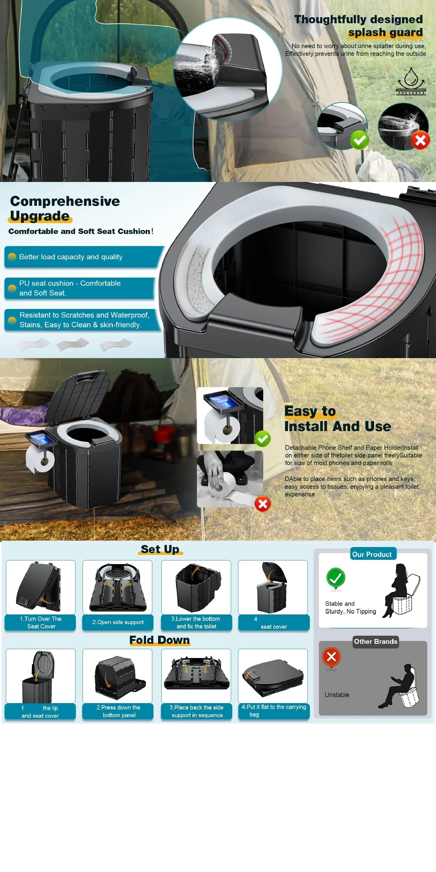 Lightweight Portable Toilet with PU Cushion for Camping Travel