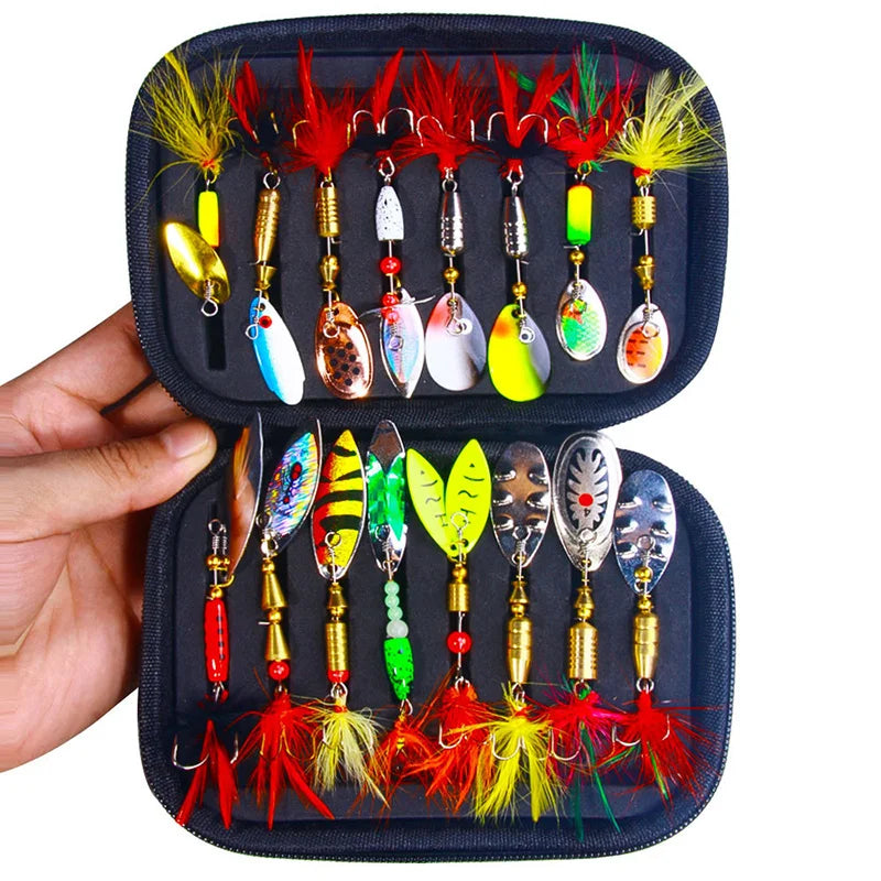 16PCS Fake Bait Spinner Lures for Bass Trout Salmon Hard Metal Spinner Baits Kit With Tackle