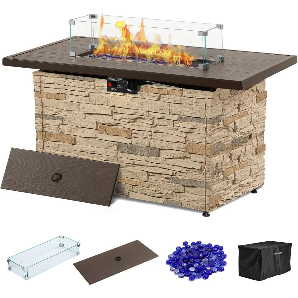 43" Propane Fire Pit Table Outdoor Stone Firepit Table Rectangular 50000 BTU for Outside Patio with Wind Gua
