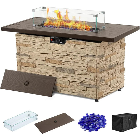 43" Propane Fire Pit Table Outdoor Stone Firepit Table Rectangular 50000 BTU for Outside Patio with Wind Gua