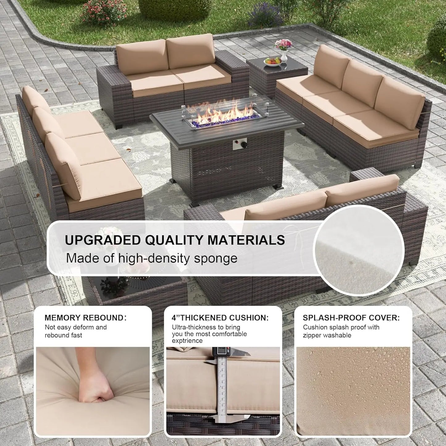 13 Pieces Outdoor Patio Furniture Set with 43" 55000BTU Gas Propane Fire Pit Table PE Wicker Rattan Sectional Sofa Patio