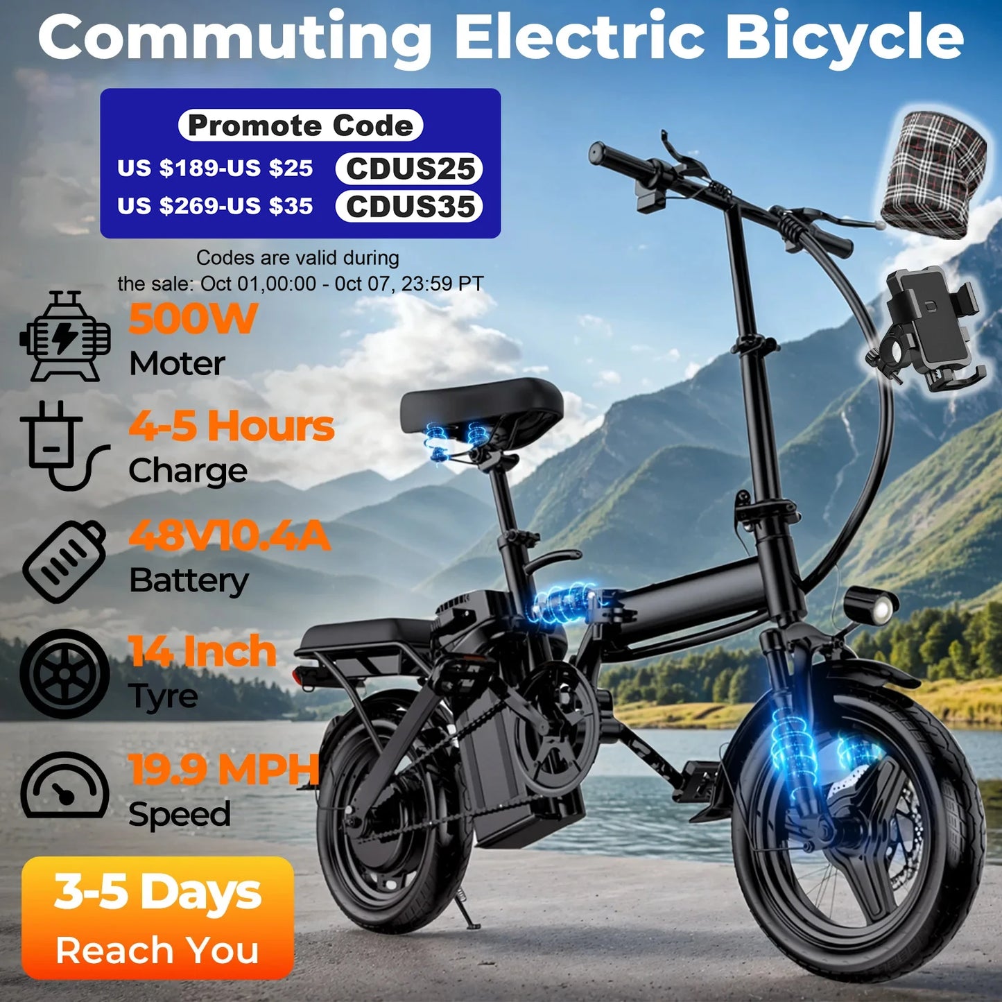 LELEKUAI 500W Adult Electric Bike, 20 MPH, 48V 10.4Ah Removable Battery, 14 Inch Folding Electric Bike,
