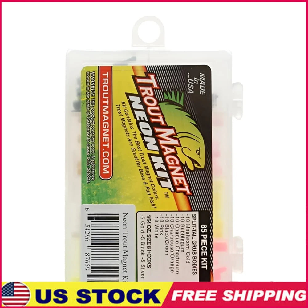 Neon Softbait Kit 85pc with 7 Colors Split-Tail Grubs Shad-